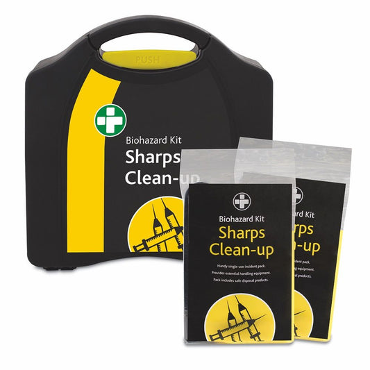 A Reliance Medical 2 Application Sharps Clean-up Kit in Large Black/Yellow Compact Aura Box with a yellow handle.