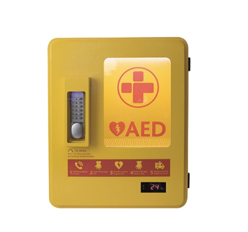 AED Alarmed, Outdoor, Heated, Metal Cabinet Yellow/Alarmed/Heated