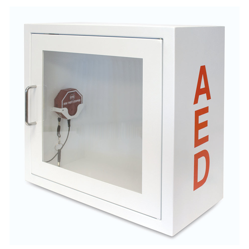 AED Alarmed Metal Storage Cabinet White/Glass/Alarmed
