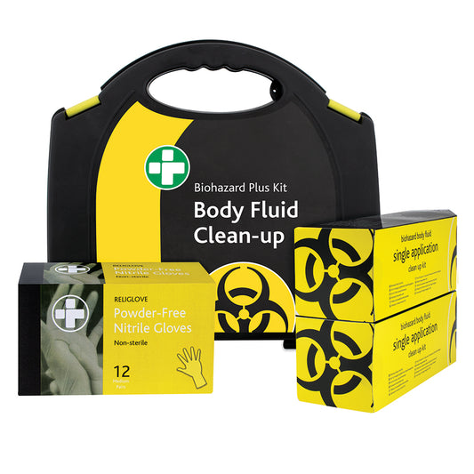 The Reliance Medical 2 Application Body Fluid Clean-up Plus Kit in Medium Black/Yellow Integral Aura Box includes a black case, gloves, and a.