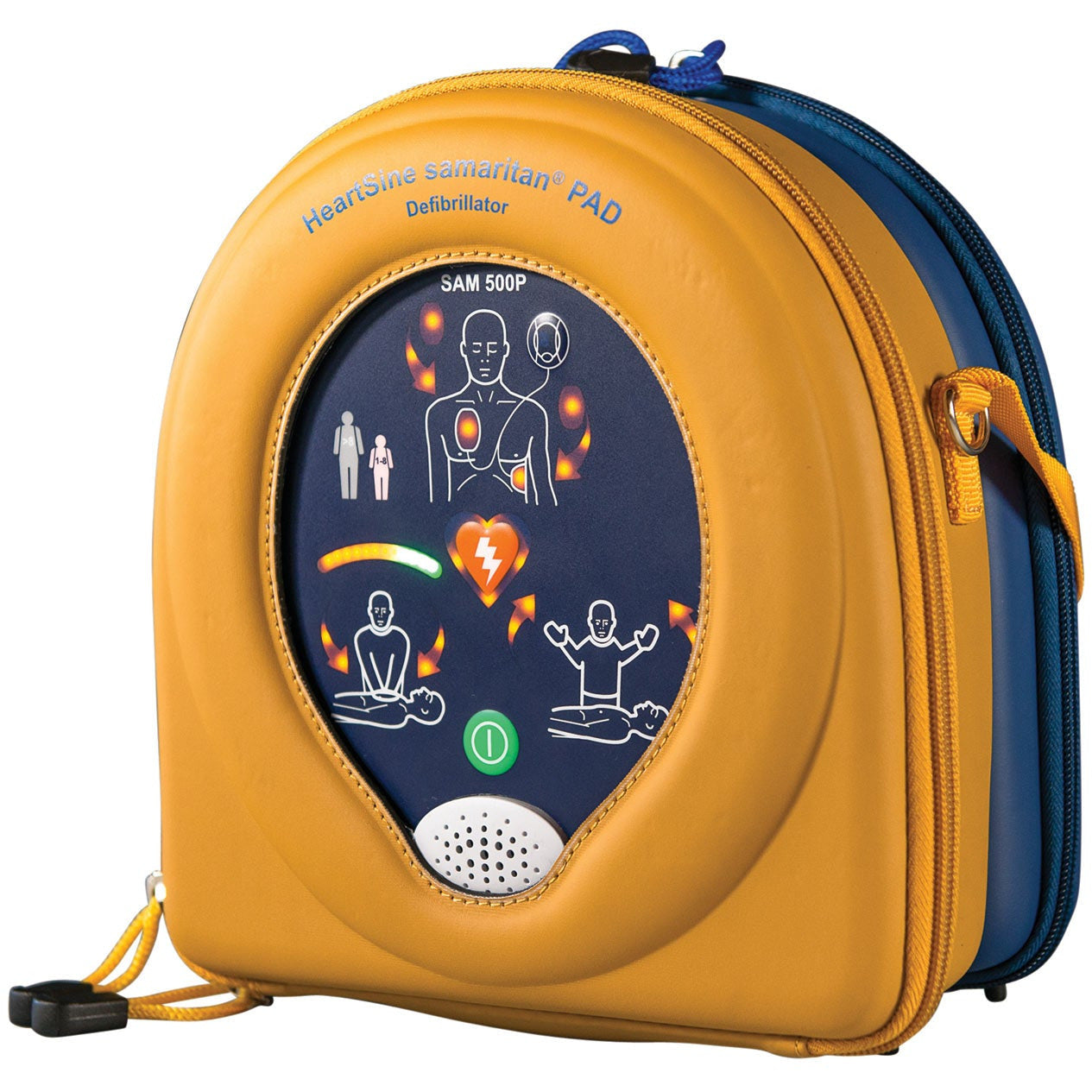 A portable HeartSine Samaritan PAD 500P Semi Automatic AED Defibrillator with innovative defibrillator and user-friendly prompts.