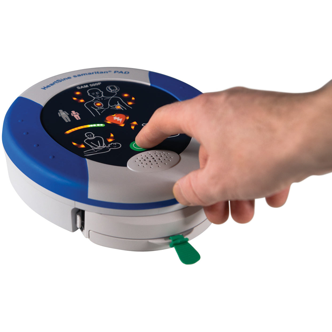 A hand is pointing at a HeartSine Samaritan PAD 500P Semi Automatic AED Defibrillator on a white background.