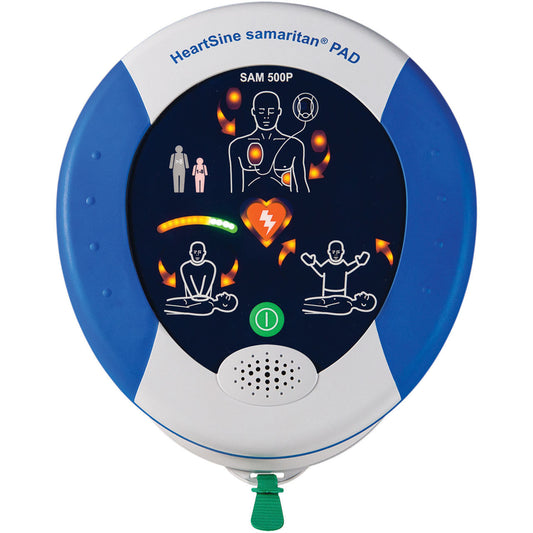 A blue and white HeartSine heart rate monitor with an image of a person that includes CPR Advisor features.