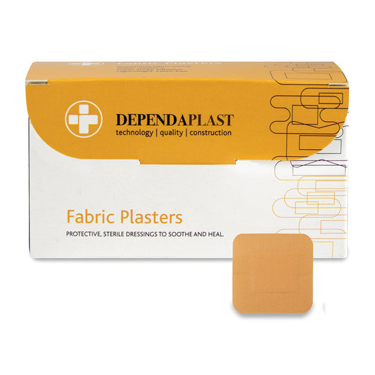 a box of Dependaplast Advanced Fabric Plasters Sterile - 4cm x 4cm by Reliance Medical.