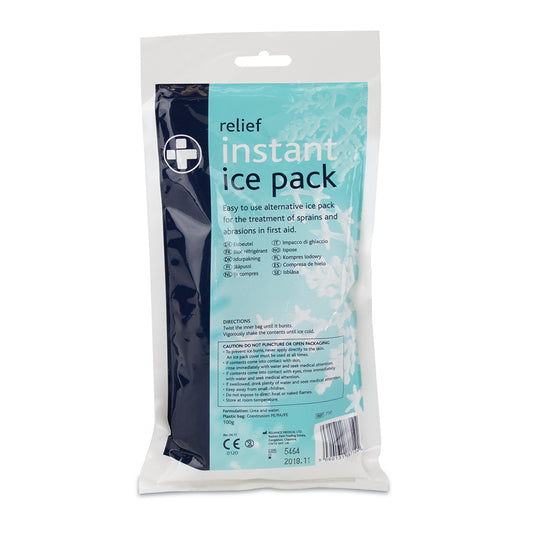 a Relief Instant Ice Pack 100g on a white background, manufactured by Reliance Medical.