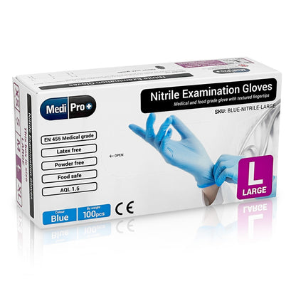 A box of Medipro Blue Nitrile Gloves Medical Grade Cat III PPE x 100 on a white background.