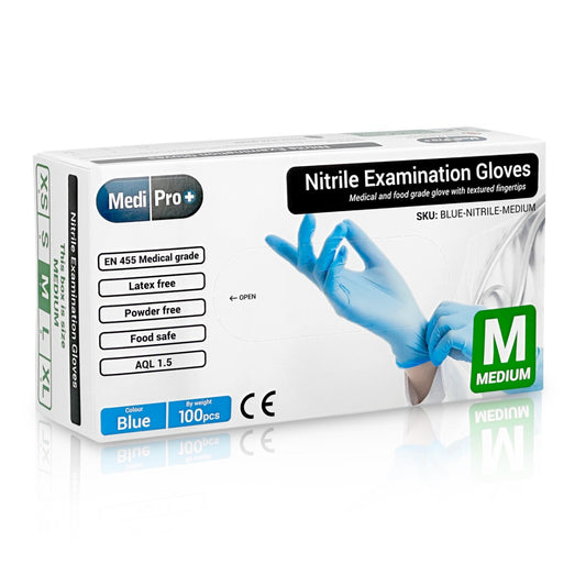 A box of Medipro Blue Nitrile Gloves Medical Grade Cat III PPE x 100 on a white background.