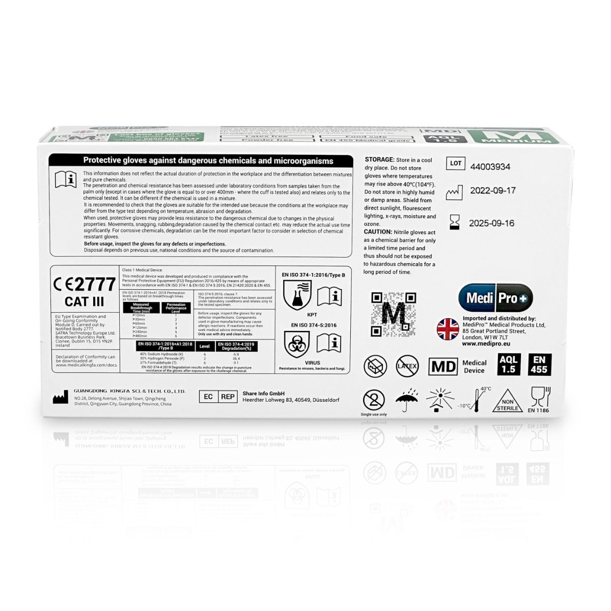 a white box of Medipro Blue Nitrile Gloves Medical Grade Cat III PPE x 100 with a black and white label on it.