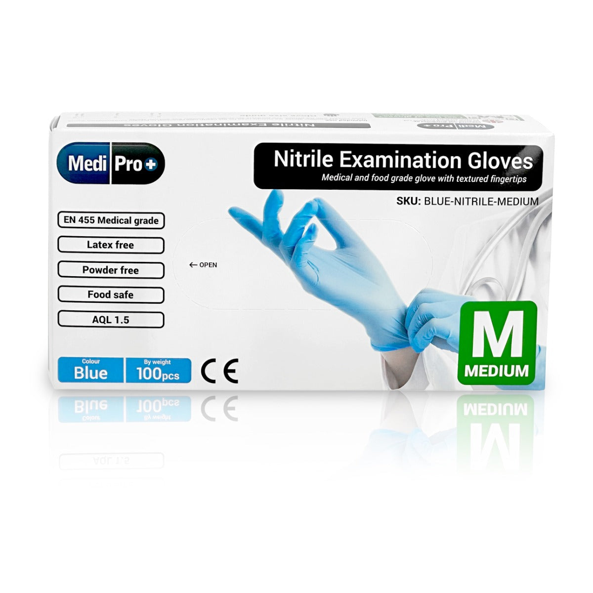 A box of Medipro's Blue Nitrile Gloves Medical Grade Cat III PPE x 100 on a white background.
